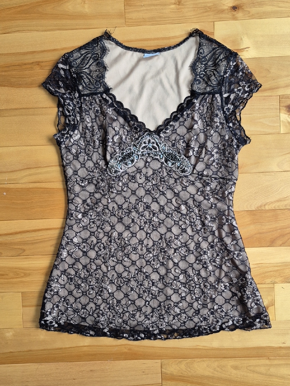 Suzy Shier Black Lace Overlay Camisole with Nude Lining